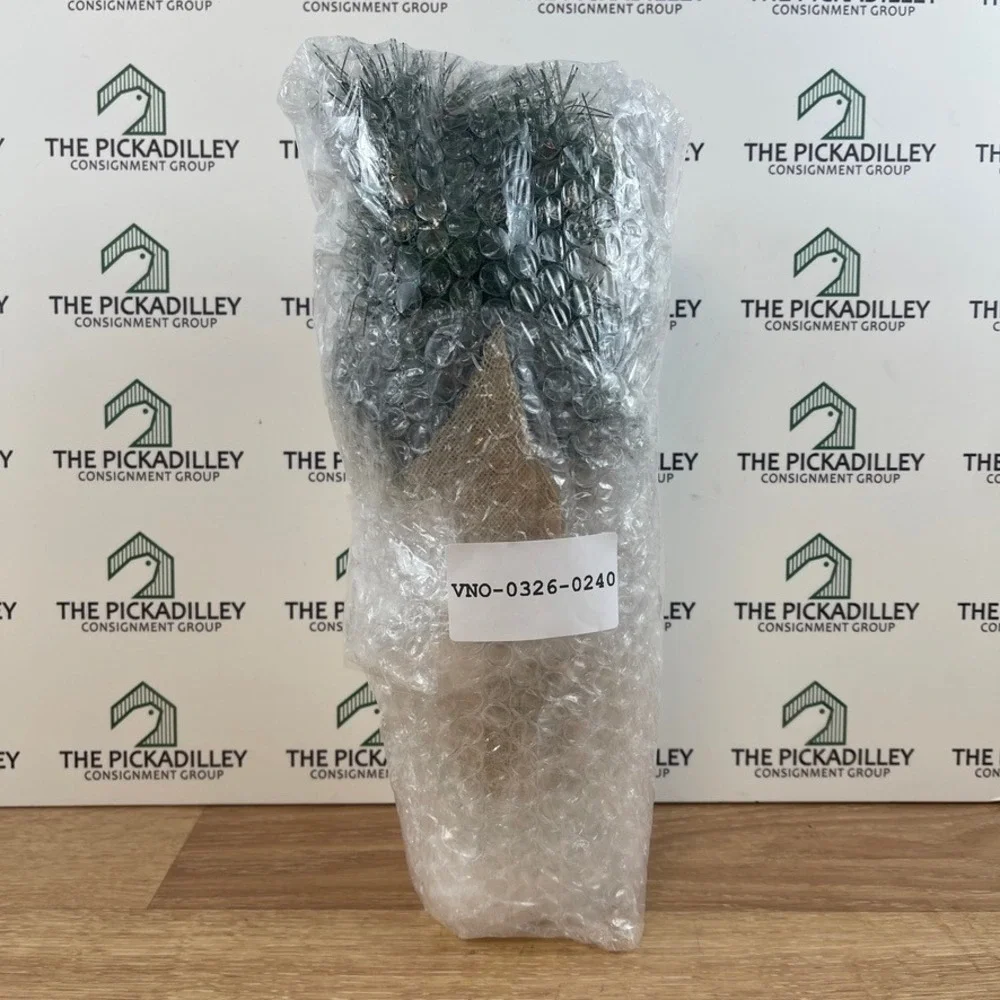 Mini Artificial Pine Tree in Glass Vase Burlap Wrapped Base Rustic Decor 13in